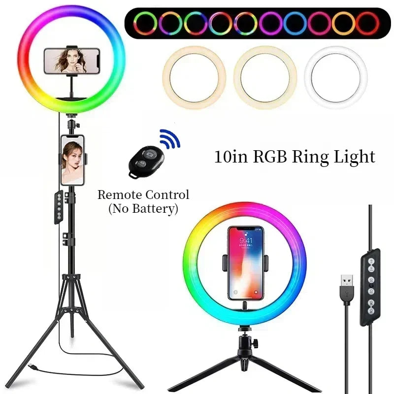 Aro de luz RGB redonda con control remoto para teléfono inteligente, anillo de luz LED para video móvil para maquillaje, YouTube, iluminación fotográfica.