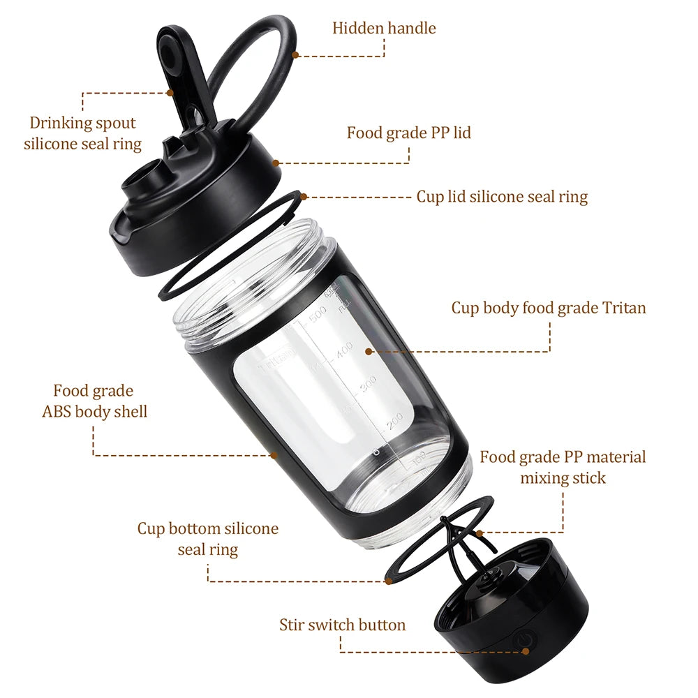 Botella mezcladora eléctrica de 650 ml, batidora portátil de proteína, batidora automática, mezcladora de jugos multiusos, tazas para fitness y trabajo.
