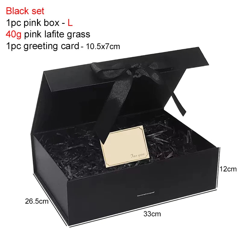 Magnetic Gift Box Kit with Lafite Grass and Greeting Cards Black / Pink Holiday Party Valentine's Day Gifts Folding Box TMZ