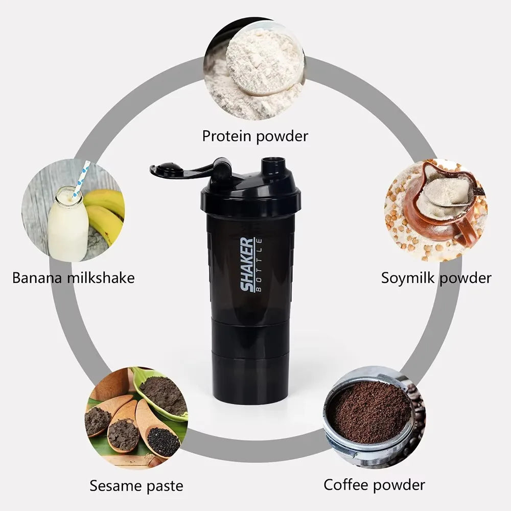 Botella mezcladora de proteínas de 3 capas, vaso para batido de polvo, botella de agua, vaso mezclador de plástico, botella para ejercicio.
