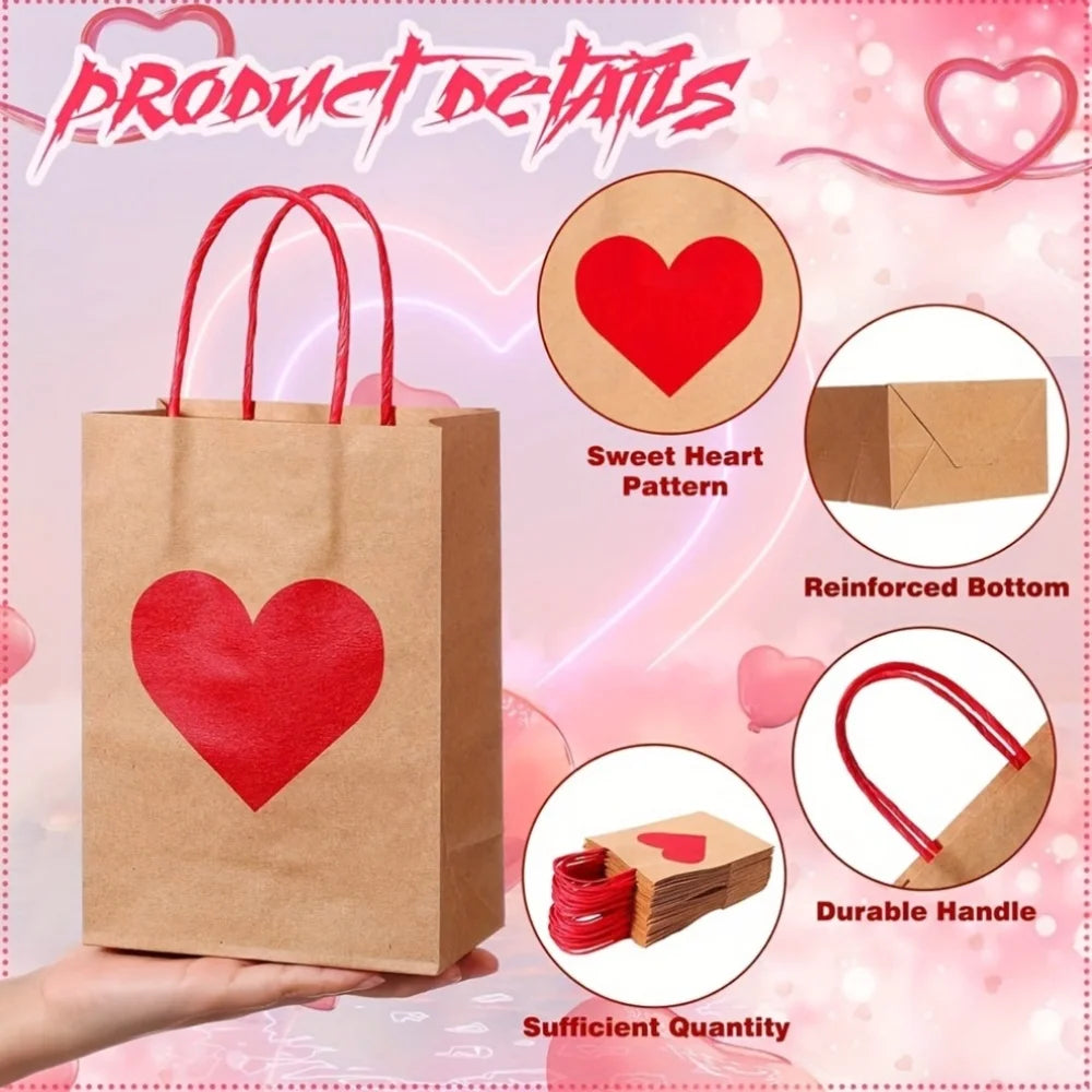18 bolsas de regalo de papel kraft con forma de corazón, con asas y etiquetas, en rojo y marrón, perfectas para San Valentín, cumpleaños y más.