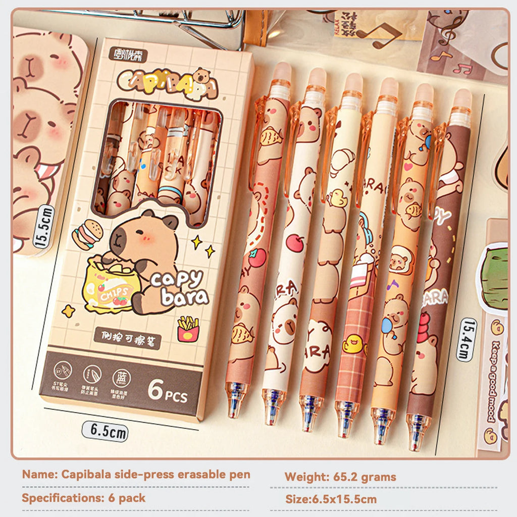 Bolígrafos borrables Capybara, 6 unidades, recargables, de gel, sin manchas, bonitos animales, útiles escolares para estudiantes, papelería de oficina, regalos.