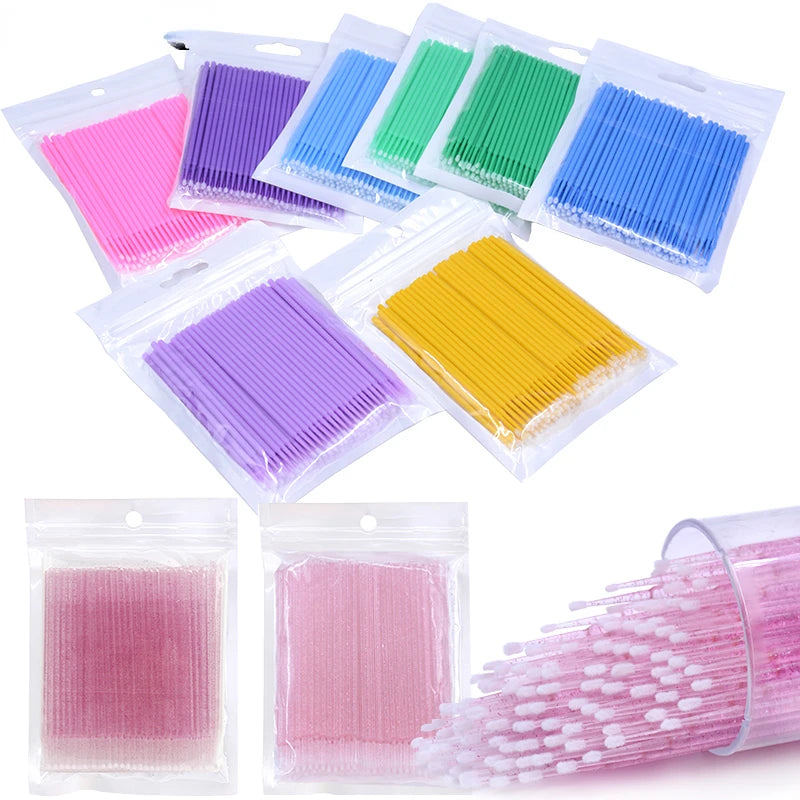Cepillos de limpieza para pestañas, 100 unidades, para extensiones de pestañas, microhisopos de algodón, individuales, para desmaquillar y limpiar.
