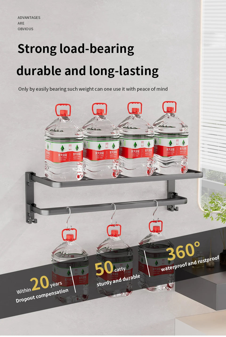 Toallero plegable de aluminio de 50 cm con gancho para pared, color negro mate