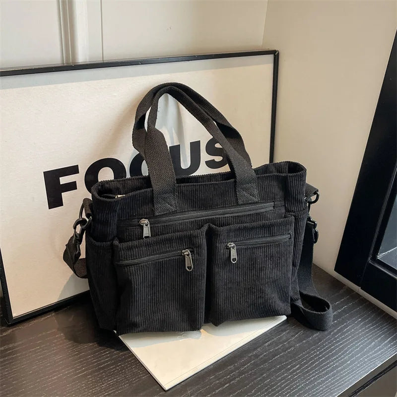 Bolsos Tote de pana para dama, de gran capacidad, portátiles, de hombro, de varias capas.