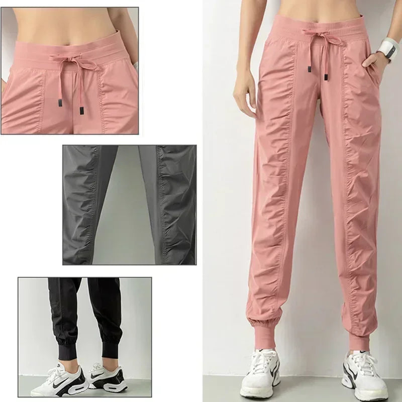 Pantalones deportivos de tela con cordón para correr, de secado rápido, para mujer, para gimnasio, fitness, con bolsillos laterales, para hacer ejercicio.