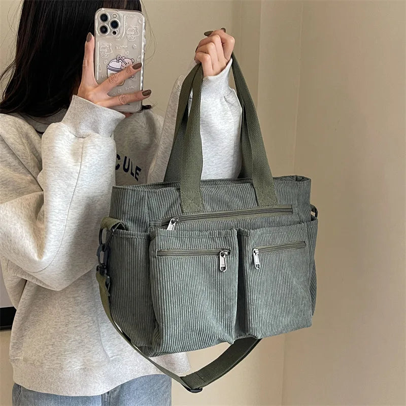 Bolsos Tote de pana para dama, de gran capacidad, portátiles, de hombro, de varias capas.