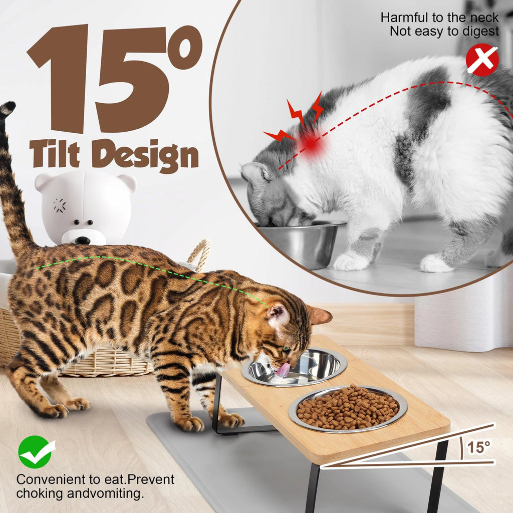 Comedero elevado para gatos con inclinación de 15° y soporte de madera. Dos cuencos de acero inoxidable para gatos y cachorros.