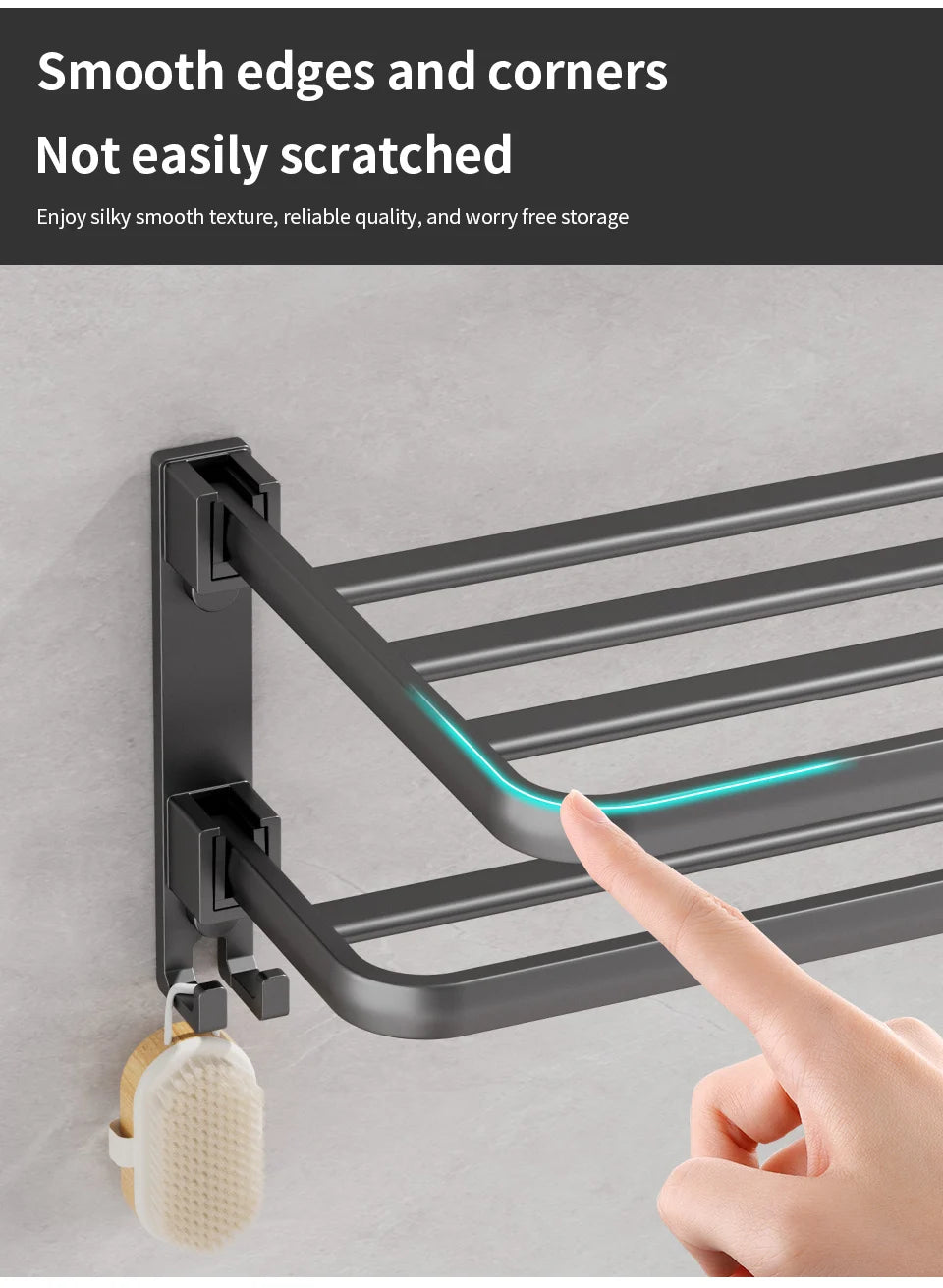 Toallero plegable de aluminio de 50 cm con gancho para pared, color negro mate