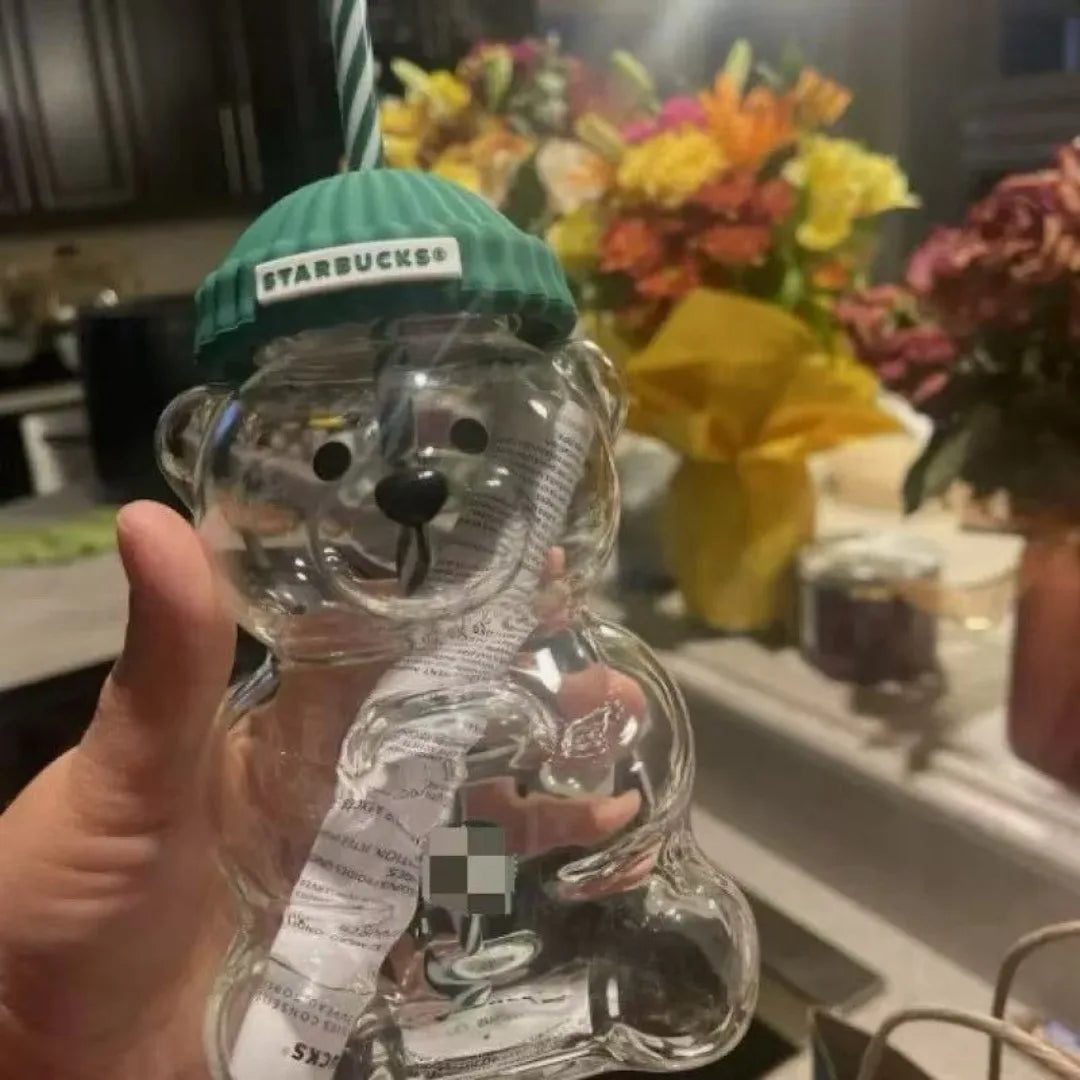New For Starbucks Cute Animal Bear Straw Glass Transparent Glass For Men Women Birthday Christmas Gift Milk Tea Cup With Straw
