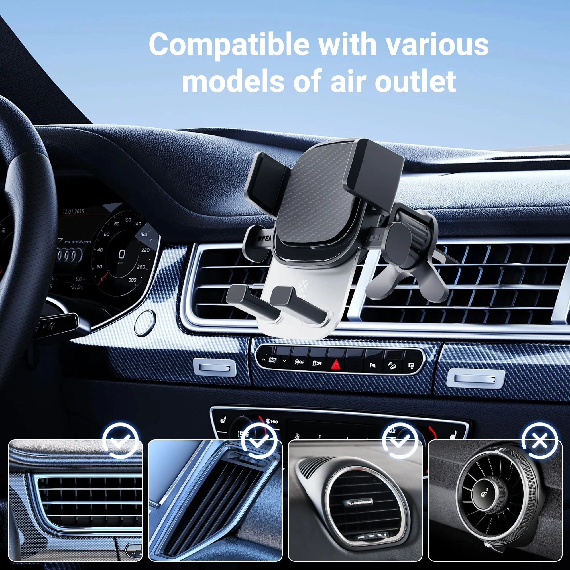 Soporte Celular Automóvil, Base Porta Móvil Auto Giratorio 360° con Gancho Metálico y Botón de Liberación, Uso con Una Sola Mano