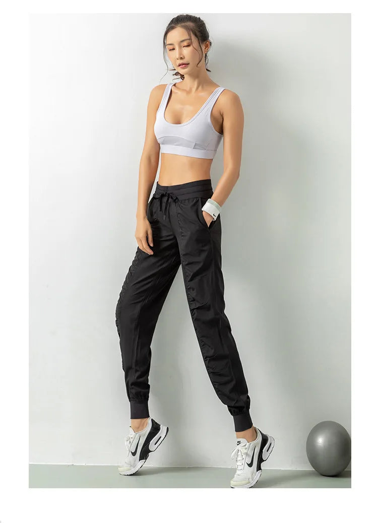 Pantalones deportivos de tela con cordón para correr, de secado rápido, para mujer, para gimnasio, fitness, con bolsillos laterales, para hacer ejercicio.