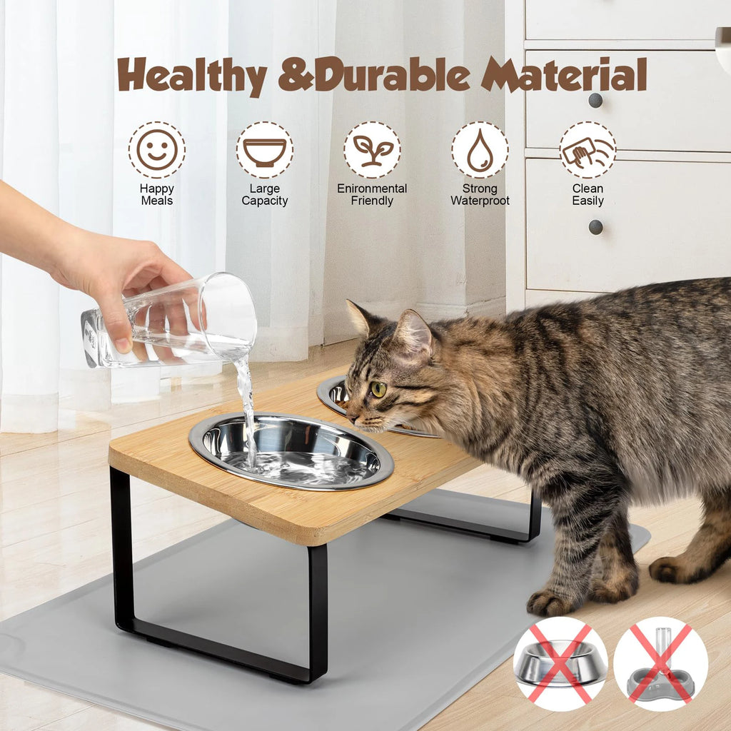 Comedero elevado para gatos con inclinación de 15° y soporte de madera. Dos cuencos de acero inoxidable para gatos y cachorros.