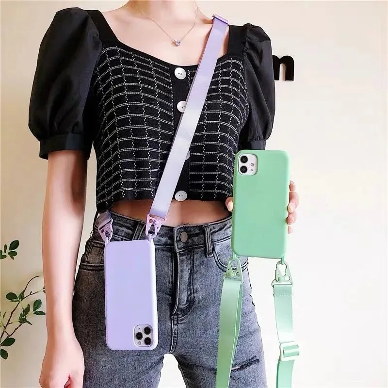 Funda de silicona con cordón para iPhone 12, 13, Mini, 14, 15, 16 Pro Max, X, XR, XS, con correa para el cuello y cordón para collar.