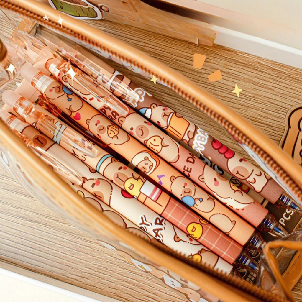 Bolígrafos borrables Capybara, 6 unidades, recargables, de gel, sin manchas, bonitos animales, útiles escolares para estudiantes, papelería de oficina, regalos.