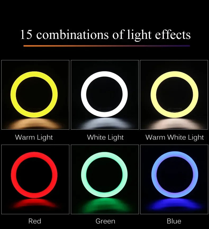 Aro de luz RGB redonda con control remoto para teléfono inteligente, anillo de luz LED para video móvil para maquillaje, YouTube, iluminación fotográfica.