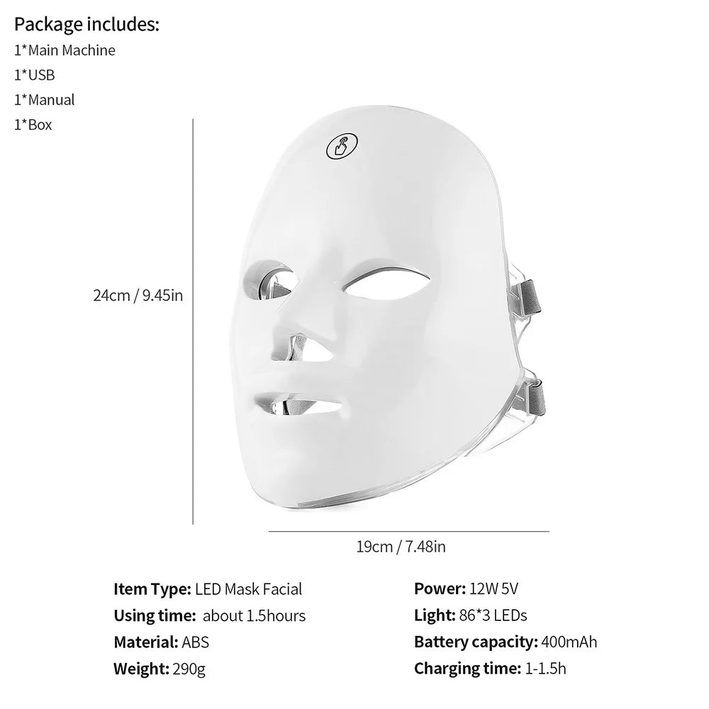Máscara facial LED recargable de 7 colores, fotones LED, rejuvenecimiento de la piel, lifting facial casero, blanqueamiento, cuidado de la piel.