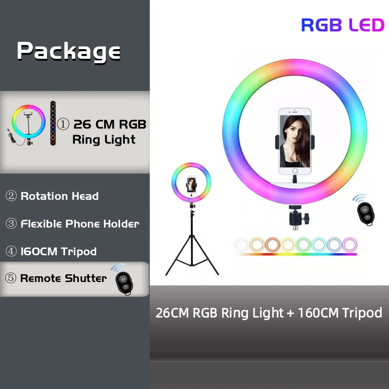 Aro de luz RGB redonda con control remoto para teléfono inteligente, anillo de luz LED para video móvil para maquillaje, YouTube, iluminación fotográfica.