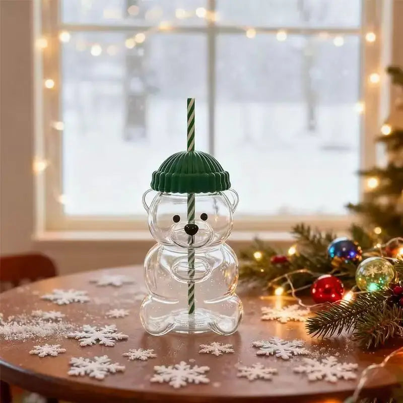 New For Starbucks Cute Animal Bear Straw Glass Transparent Glass For Men Women Birthday Christmas Gift Milk Tea Cup With Straw