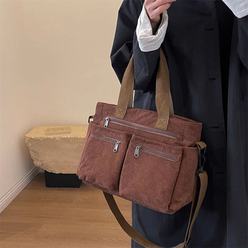 Bolsos Tote de pana para dama, de gran capacidad, portátiles, de hombro, de varias capas.