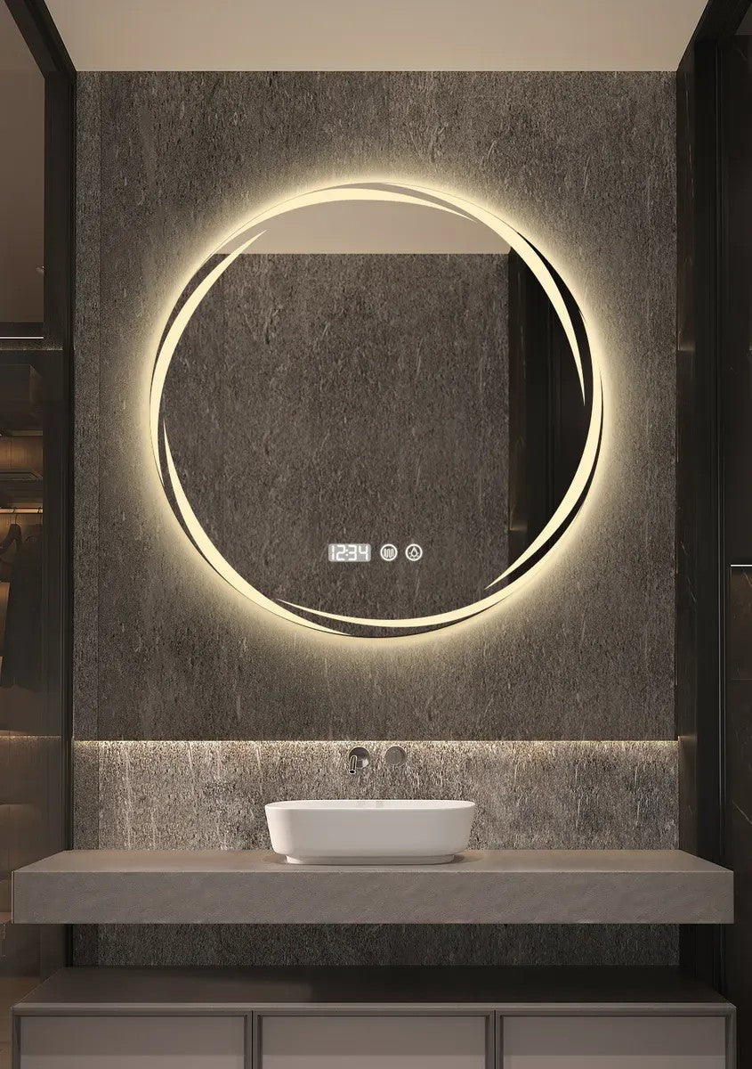 60x60cm Round LED Bathroom Mirror, Frameless Recessed Smart Mirror with Anti-Fog Light, 3 Adjustable Colors & Dual Touch Switch Clock