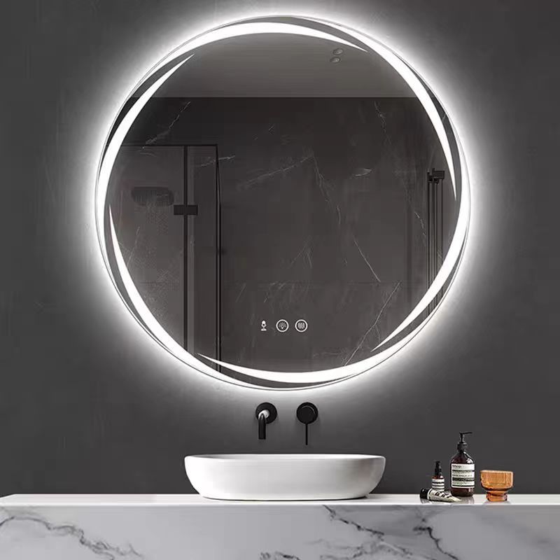 60x60cm Round LED Bathroom Mirror, Frameless Recessed Smart Mirror with Anti-Fog Light, 3 Adjustable Colors & Dual Touch Switch Clock
