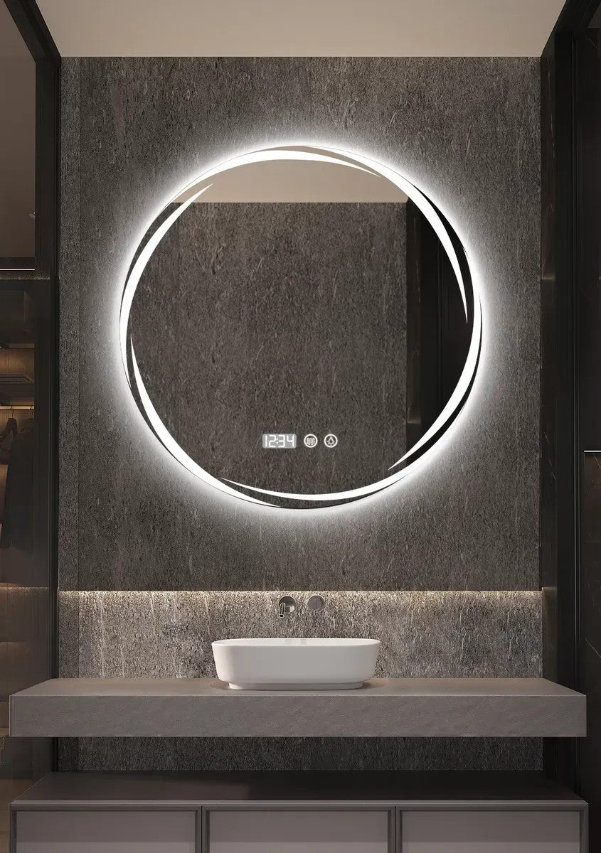 60x60cm Round LED Bathroom Mirror, Frameless Recessed Smart Mirror with Anti-Fog Light, 3 Adjustable Colors & Dual Touch Switch Clock