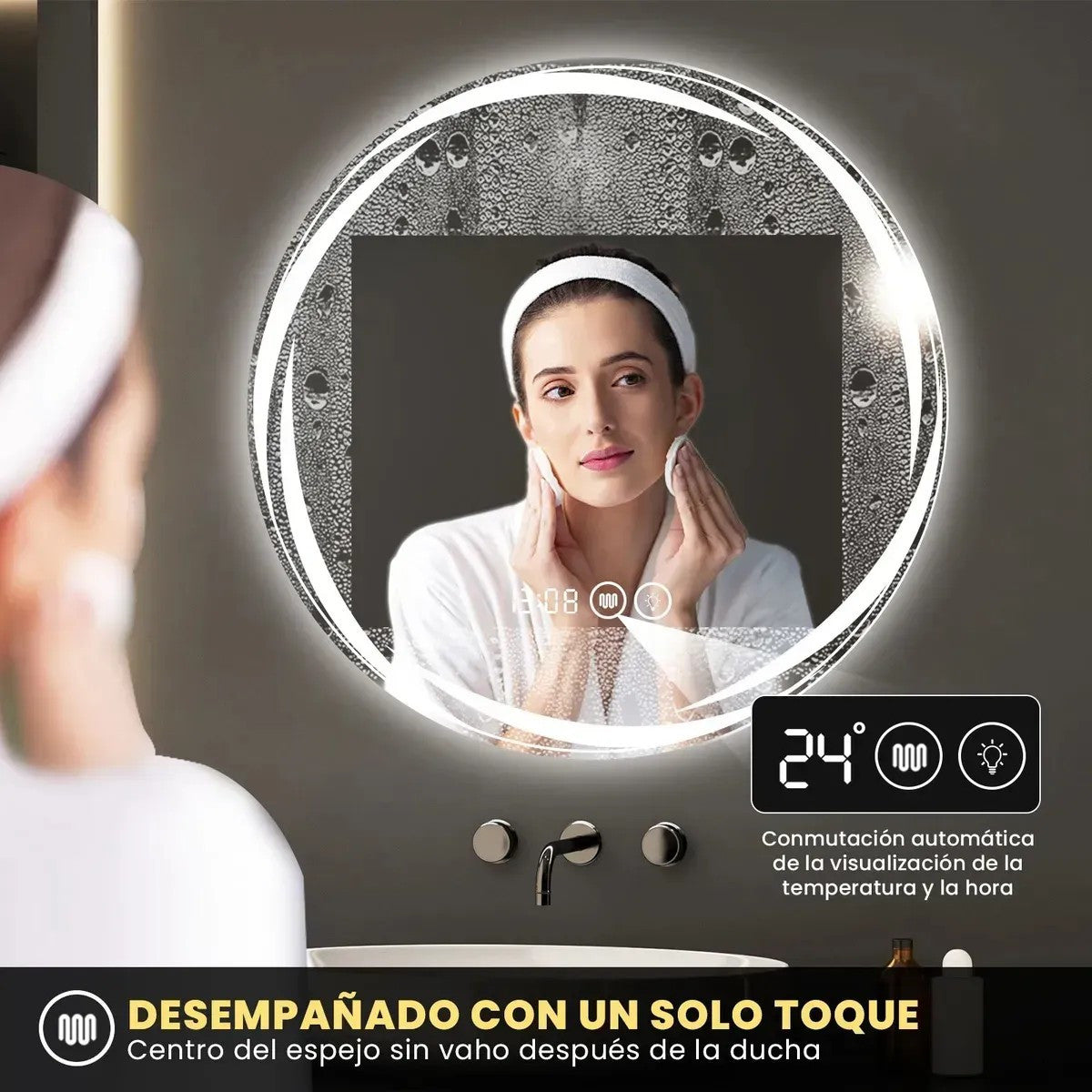 60x60cm Round LED Bathroom Mirror, Frameless Recessed Smart Mirror with Anti-Fog Light, 3 Adjustable Colors & Dual Touch Switch Clock